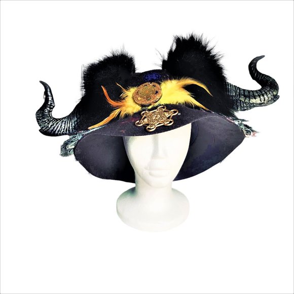 Gothic Horned Halloween Hat with Metatron Cube Charms Sacred Geometry NEW - Picture 1 of 4